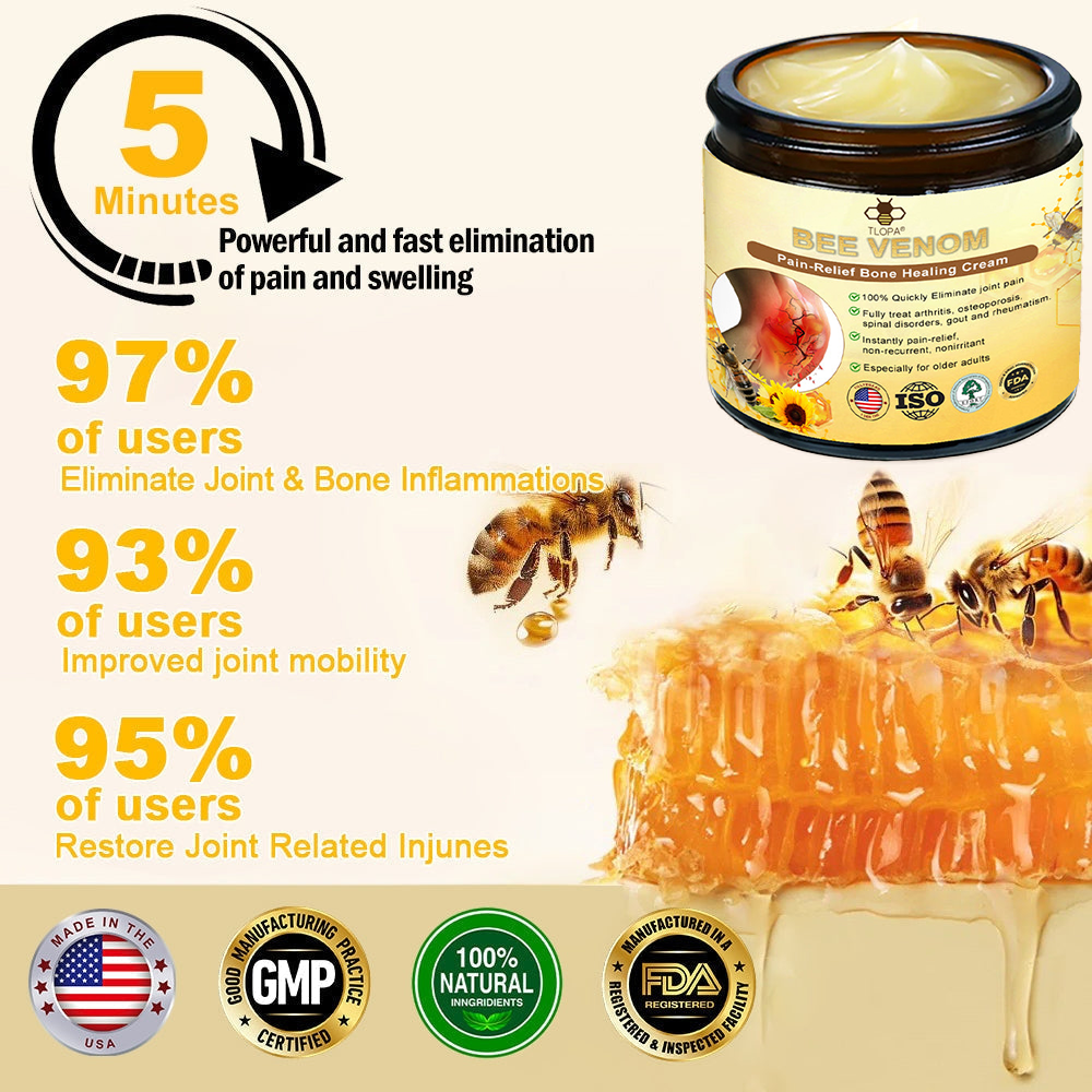 Official Store:TLOPA® Bee-Venom Pain-Relief Bone Healing Cream 🔥USA Osteopathic Medical Association （AAOS）Approved(Reducing joint swelling, pain, stiffness, redness, warmth, soreness, and joint fatigue)